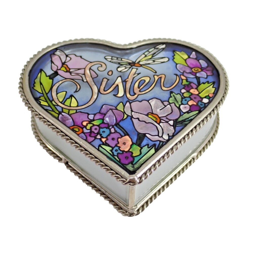 Stain Glass Heart SISTER Jewelry Box Hand Painted Silver Tone Rope Edge of Aima